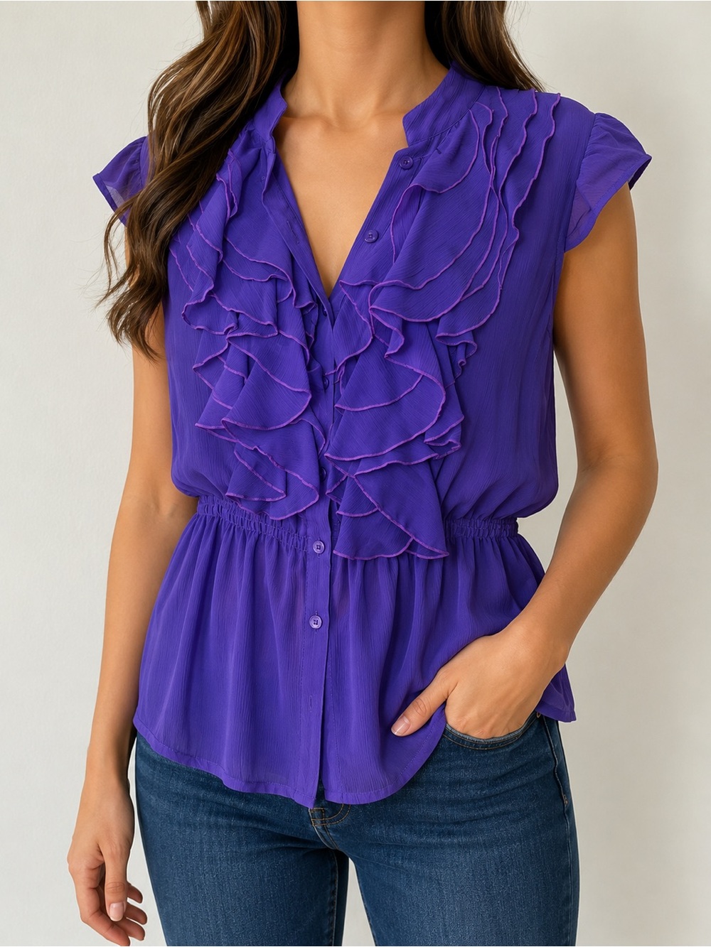 Miley Cyrus & Max Azria Purple Ruffle Button V-Neck Cap Sleeve, XL